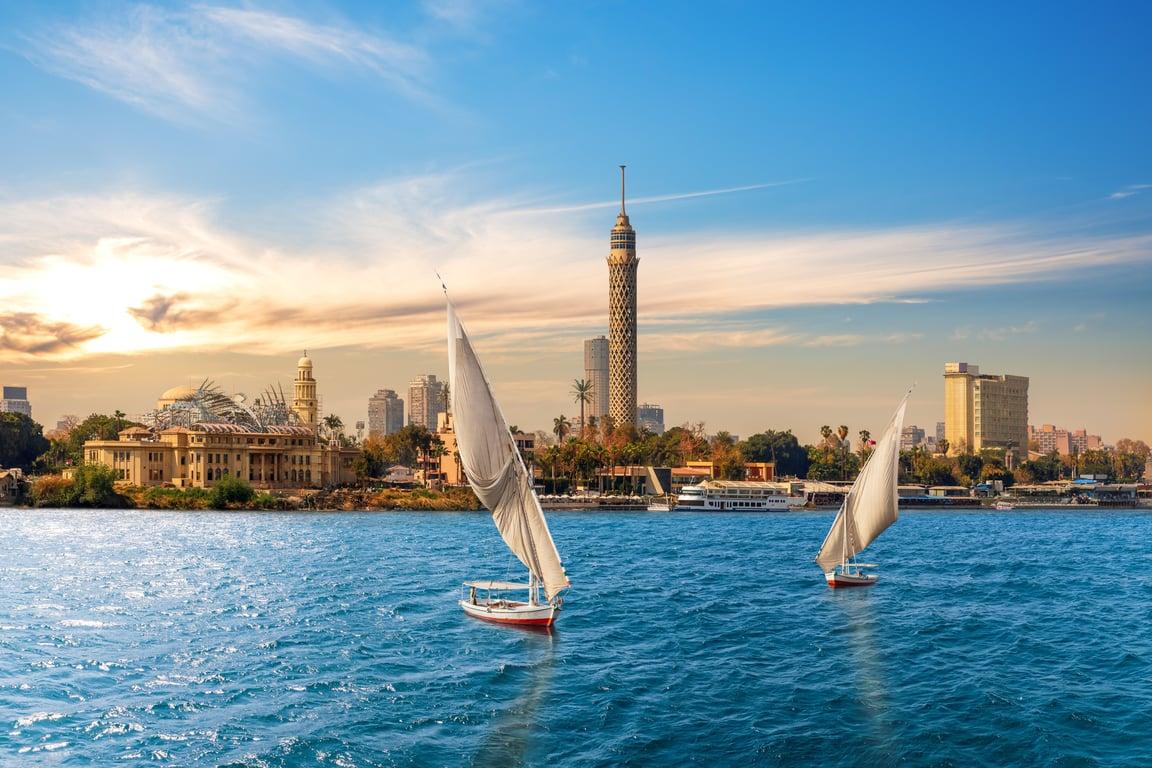 Feluccas in Nile in front of the Cairo Tower, Egypt